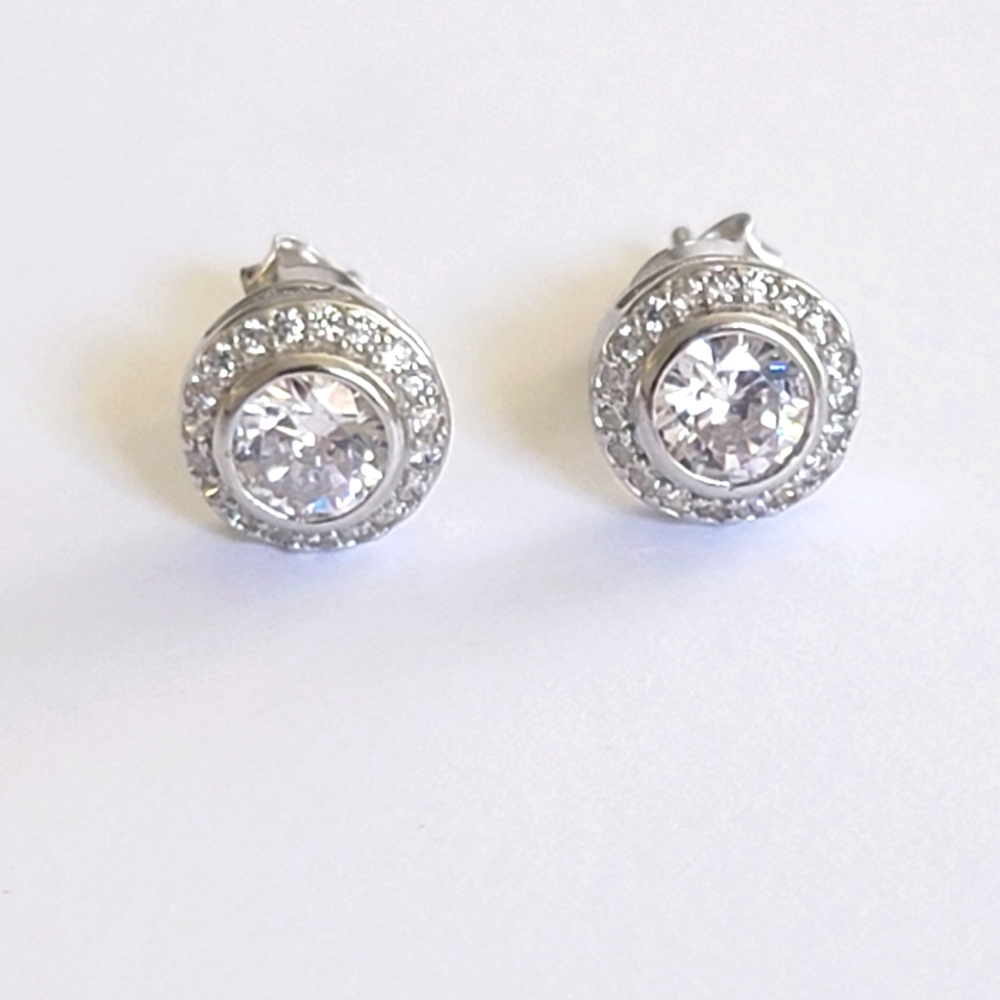 Sterling Silver stud diamond halo earrings new 925